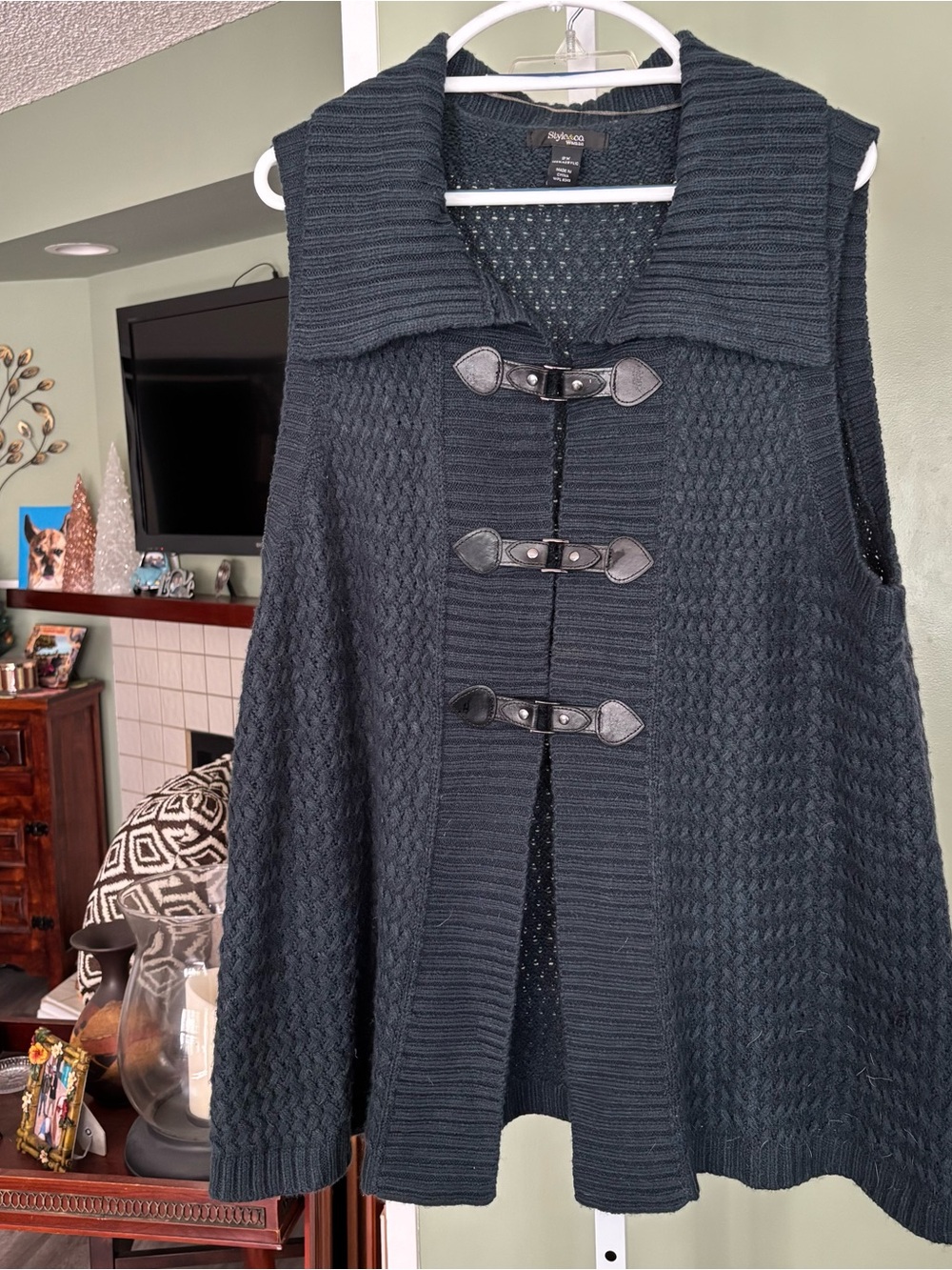 Black Knit Toggle Vest with Wide Collar. 2x